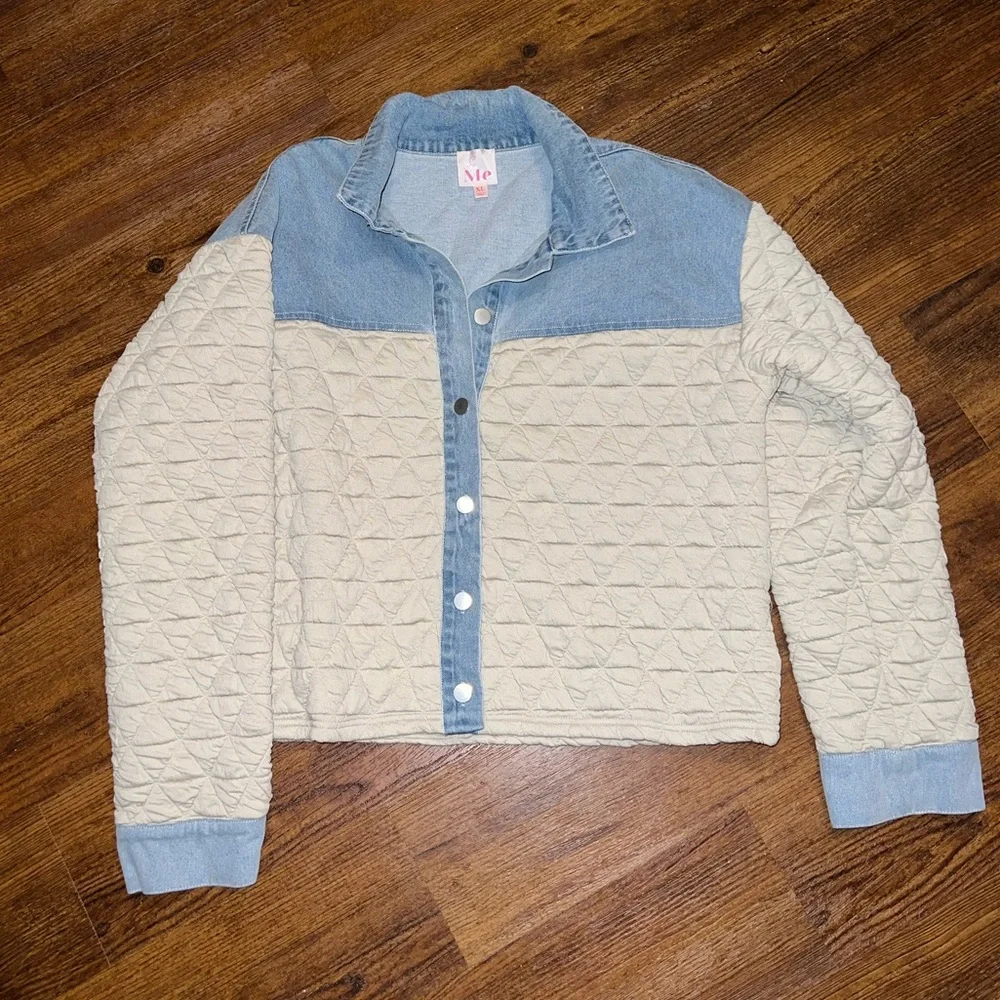 So Me Quilted Cream Button Up Light Blue Denim Trim Long Sleeve Jacket Size XL - Picture 2 of 12